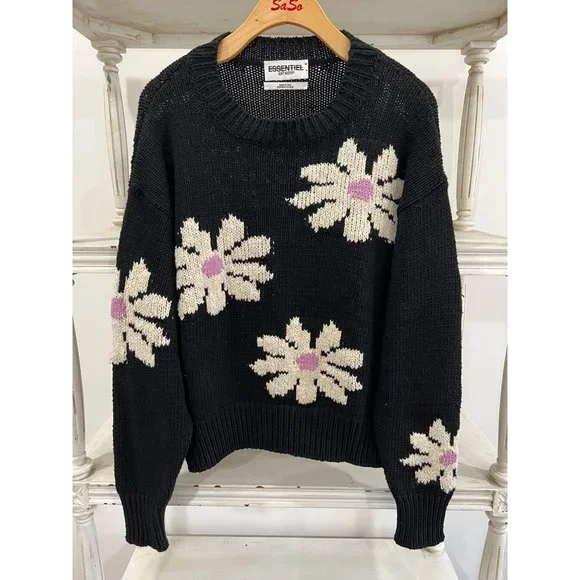 Anthropologie Essentiel Antwerp Dahlia Floral Knit Sweater In Black Motif Size X